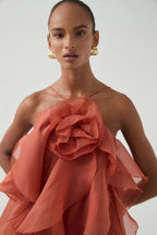 Off-Shoulder Ruffle Layered Maxi Dress In Coral Clay Flowering Girl