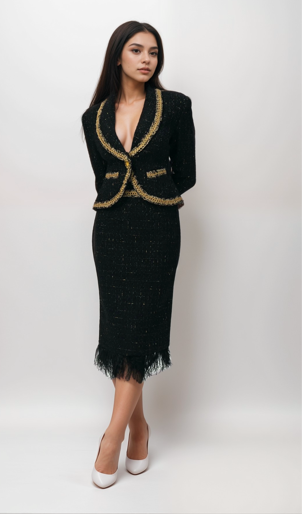 Black Tweed Blazer and Skirt Set with Gold Trim and Feather Detailing Flowering Girl