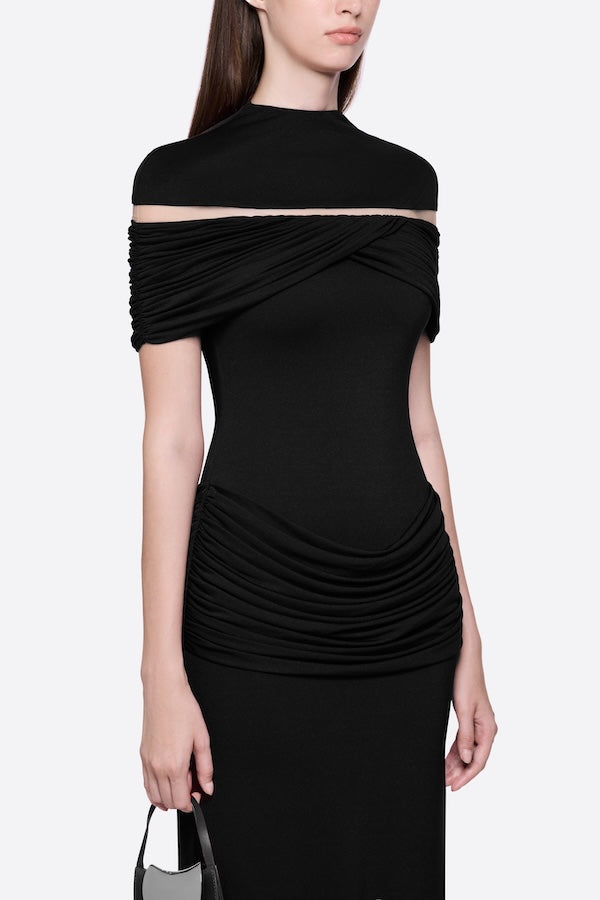 Megan Ruched Knit Patchwork Maxi Dress In Black Flowering Girl