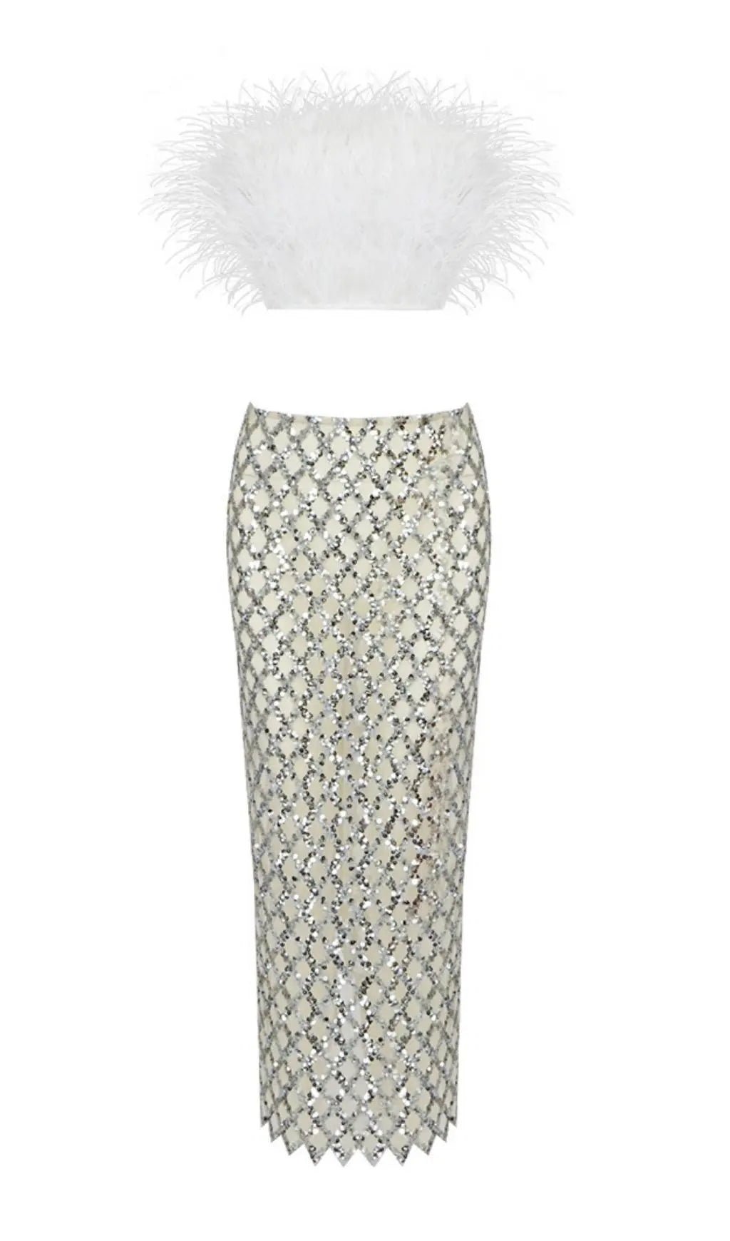 Feather Sequin Two Piece Set In White Flowering Girl
