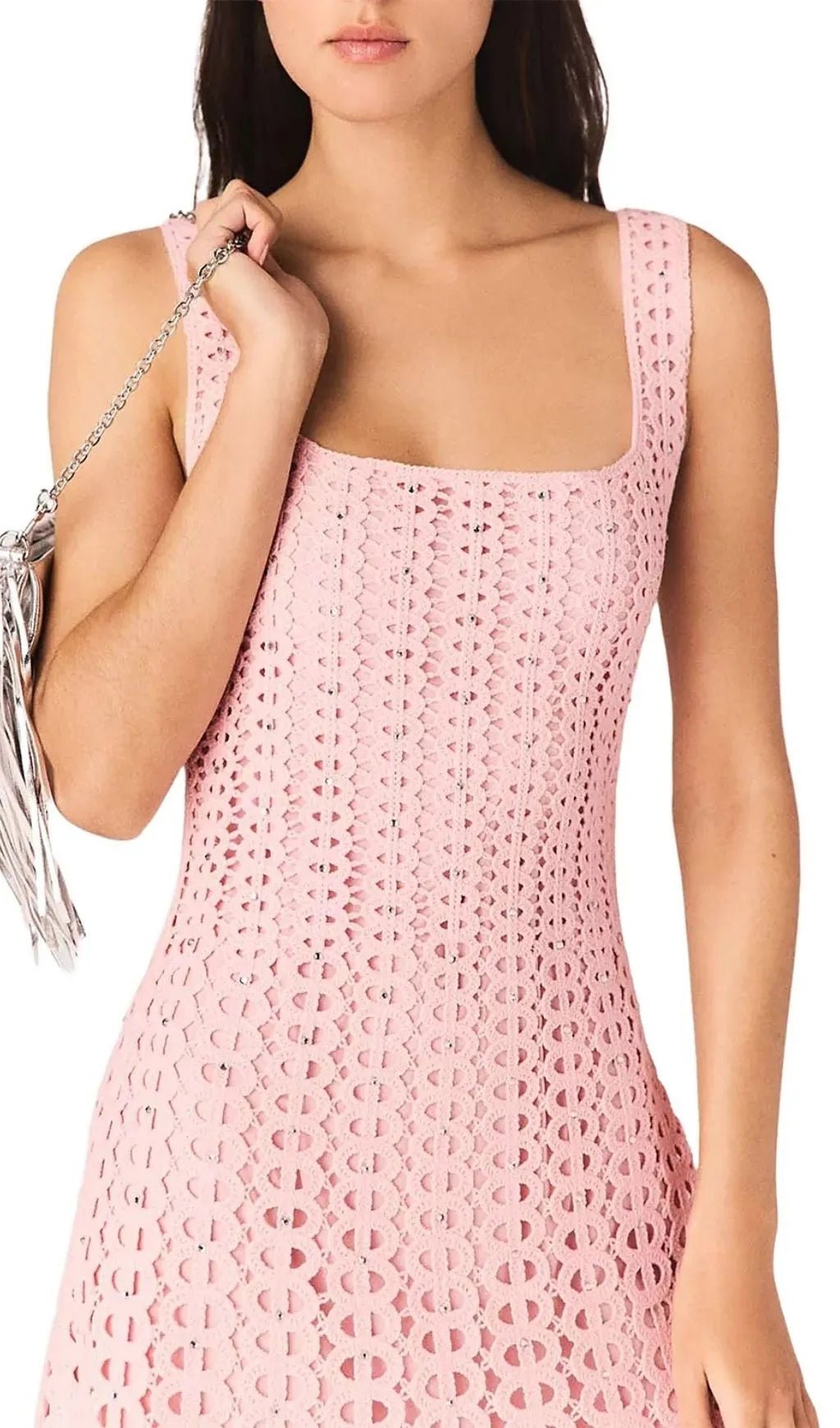 Russelking Rhinestone Crochet Midi Dress Flowering Girl
