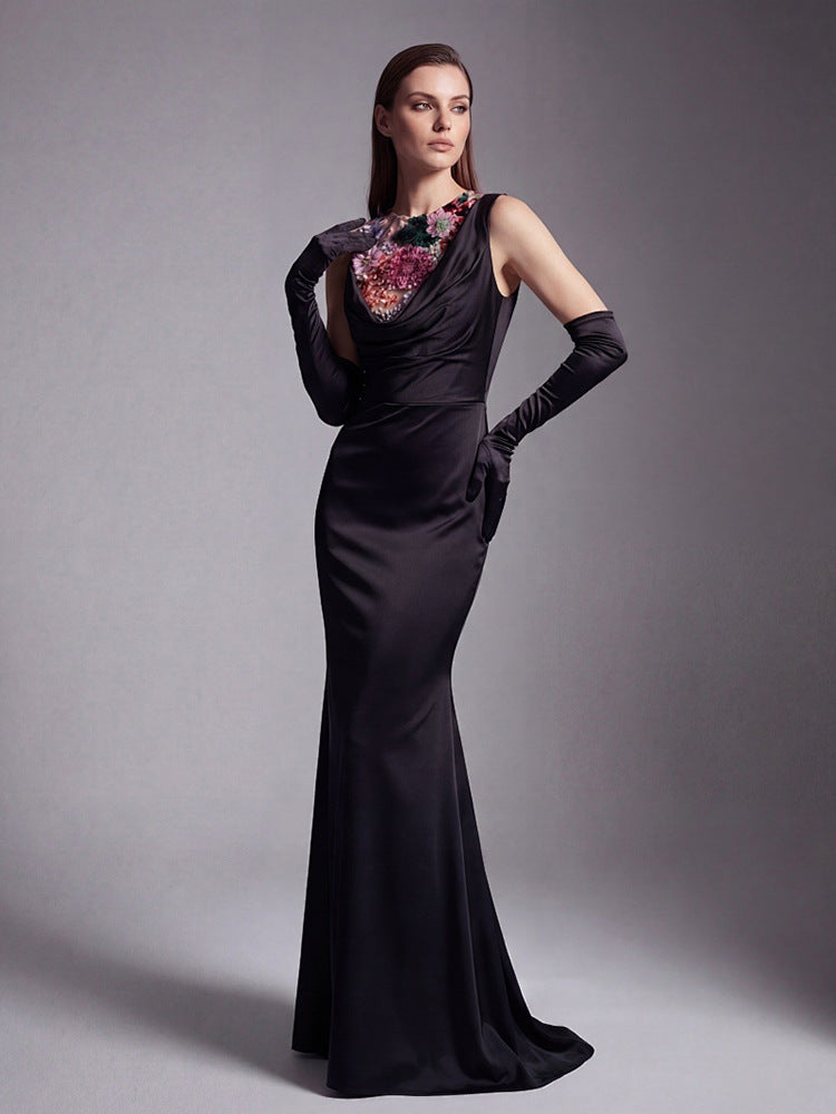 Anila Black Featuring Floral Embroidery Jersey Maxi Dress Flowering Girl