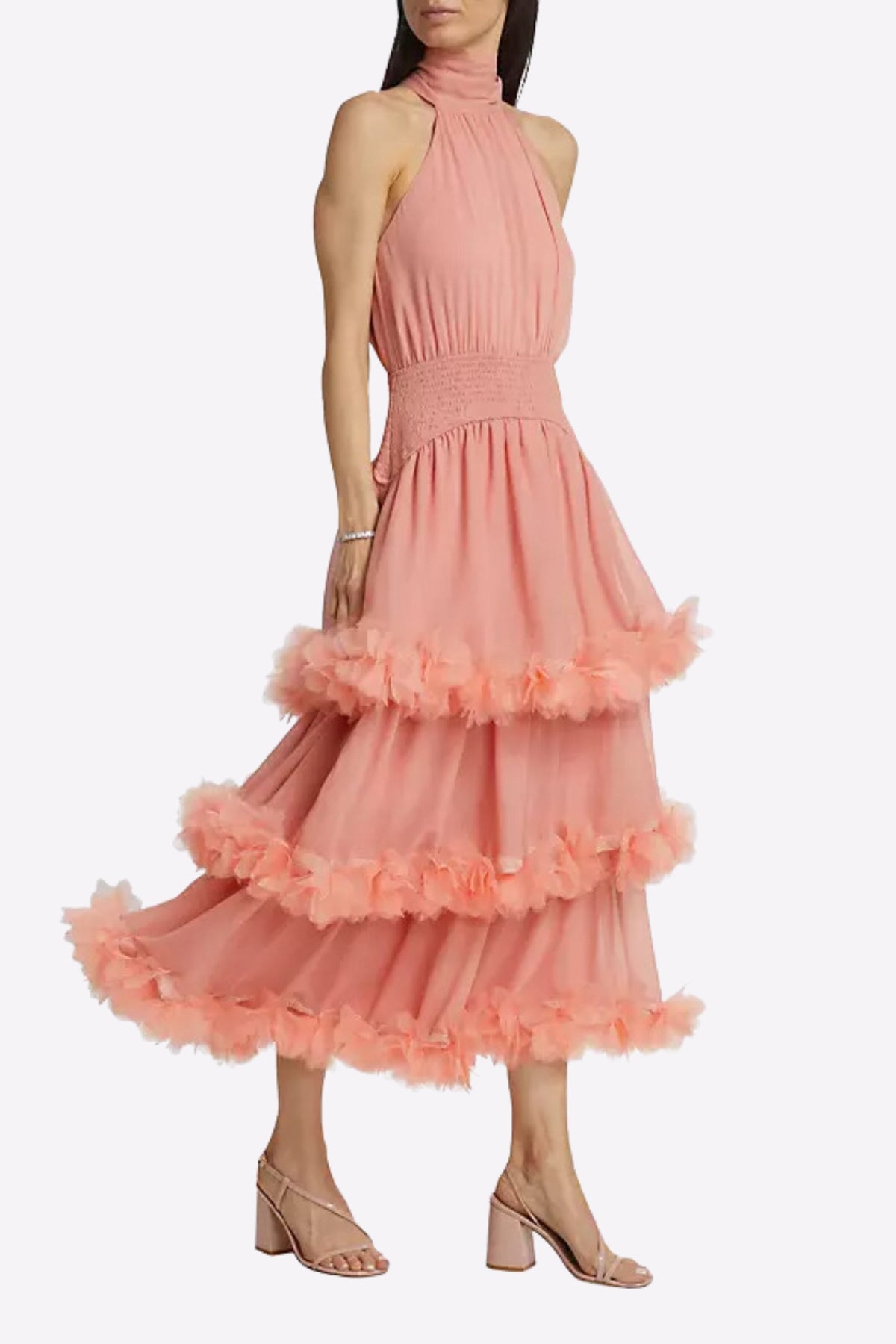 Nereida Tiered Midi Dress In Pale Orange Flowering Girl