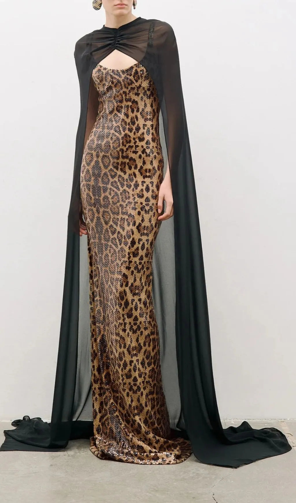 Jarrell Leopard Sequin Maxi Dress With Cape Flowering Girl