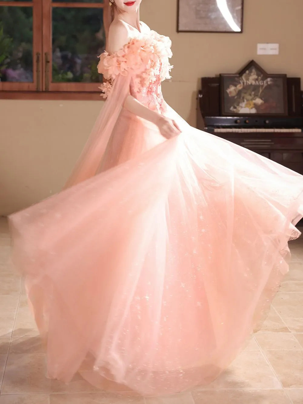 Mayura Pink Off-Shoulder Mesh Maxi Dress Flowering Girl