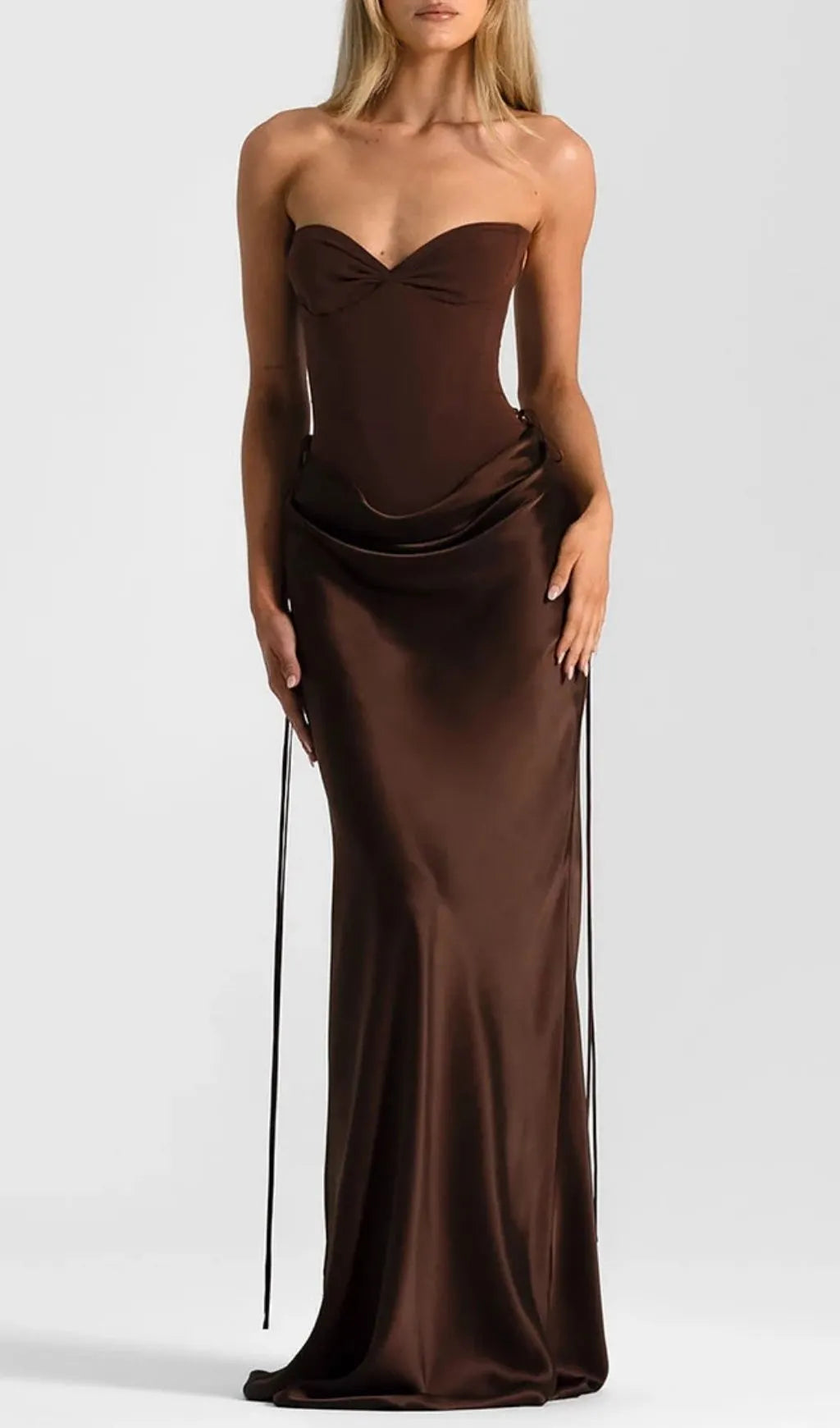 Beatrix Strapless Corset Satin Maxi Dress - Brown Flowering Girl