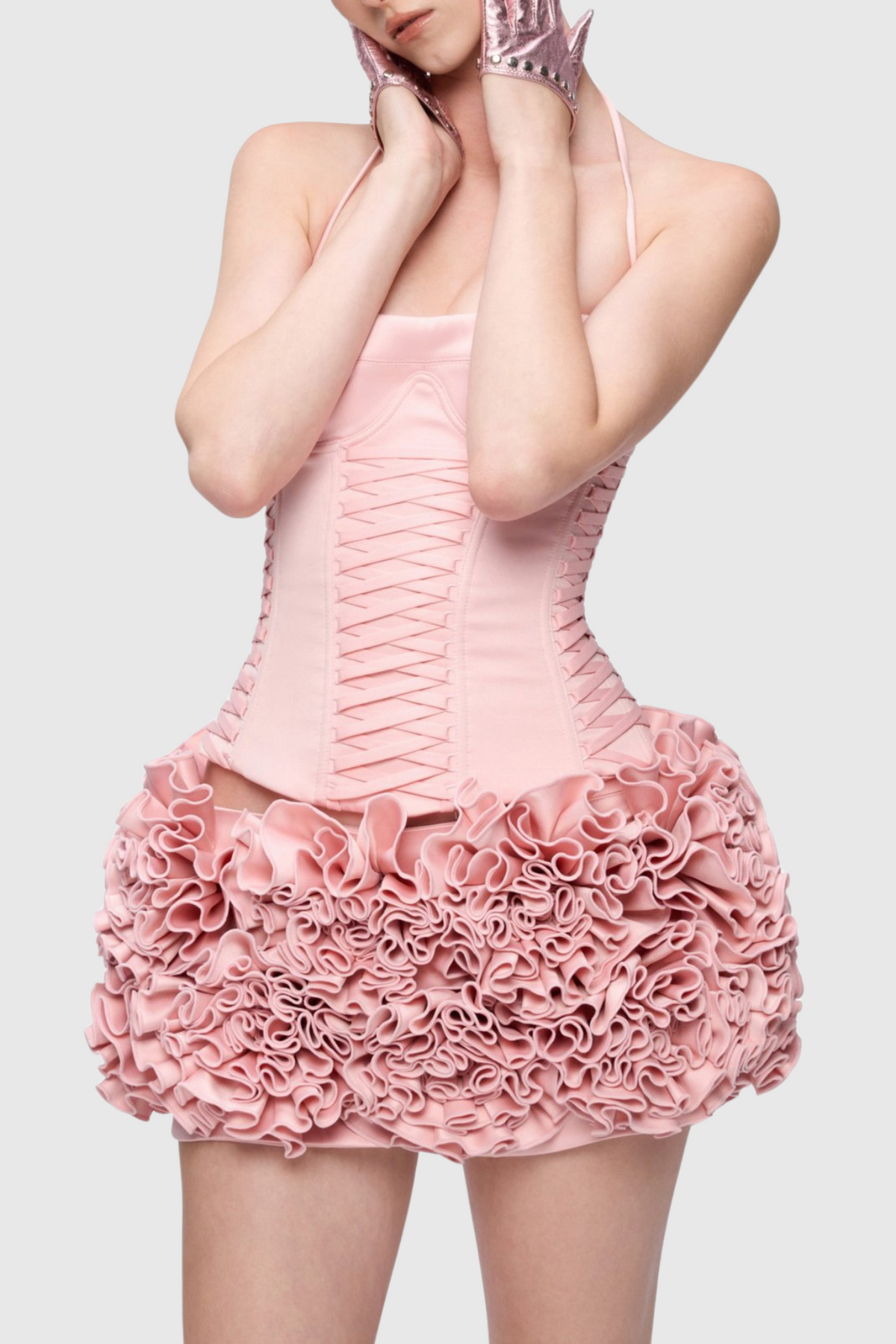 Cindia Floral Lace Up Corset Two Piece Set in Pink Flowering Girl