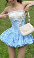 Stephanie Plaid Strapless Puffy Mini Dress - Blue Flowering Girl