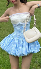 Stephanie Plaid Strapless Puffy Mini Dress - Blue Flowering Girl