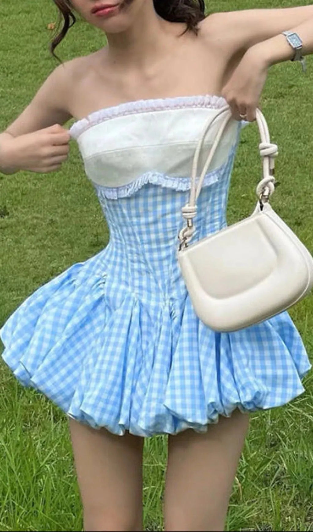 Stephanie Plaid Strapless Puffy Mini Dress - Blue Flowering Girl