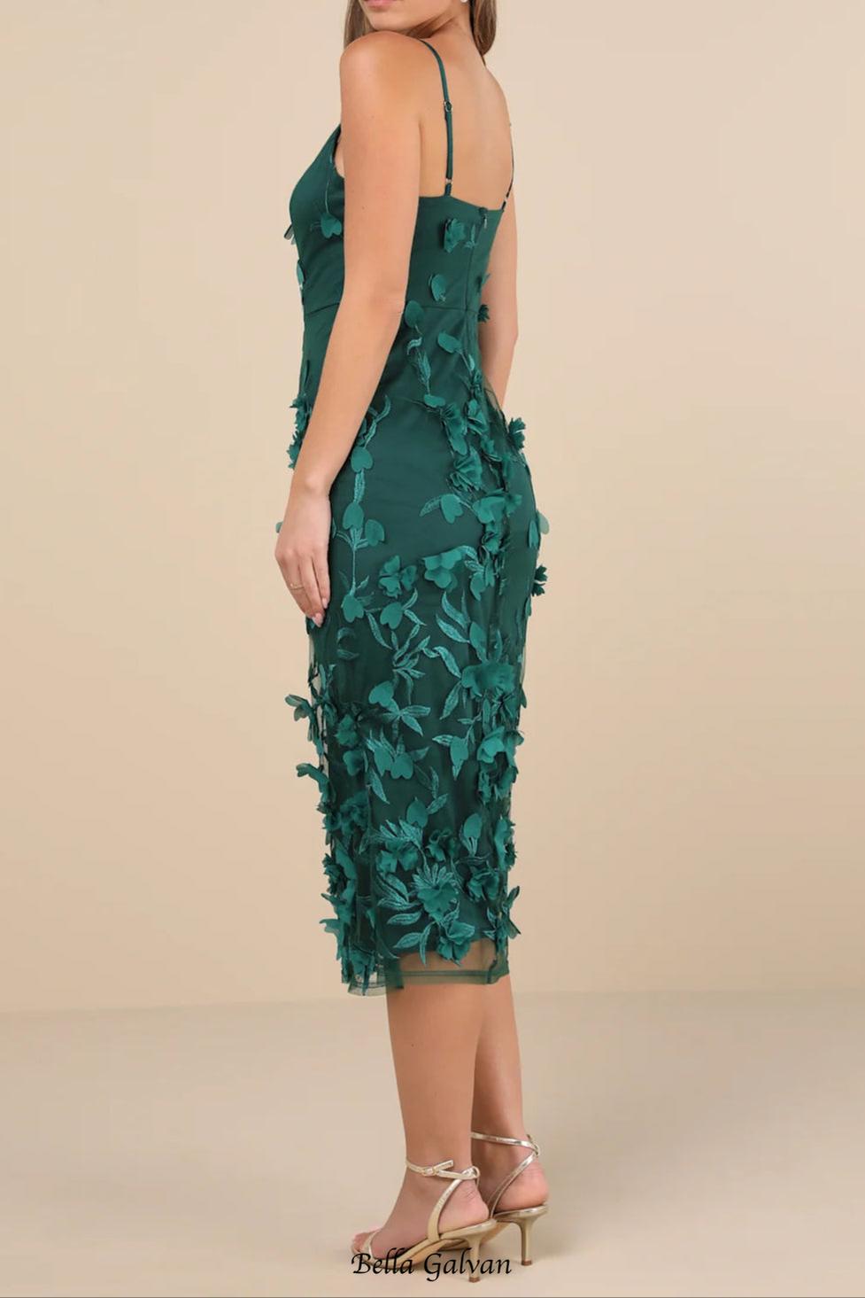 Emerald 3D Floral Embroidered Midi Dress Flowering Girl