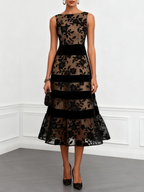 Black Mesh Floral Sleeveless A-Line Midi Dress Flowering Girl