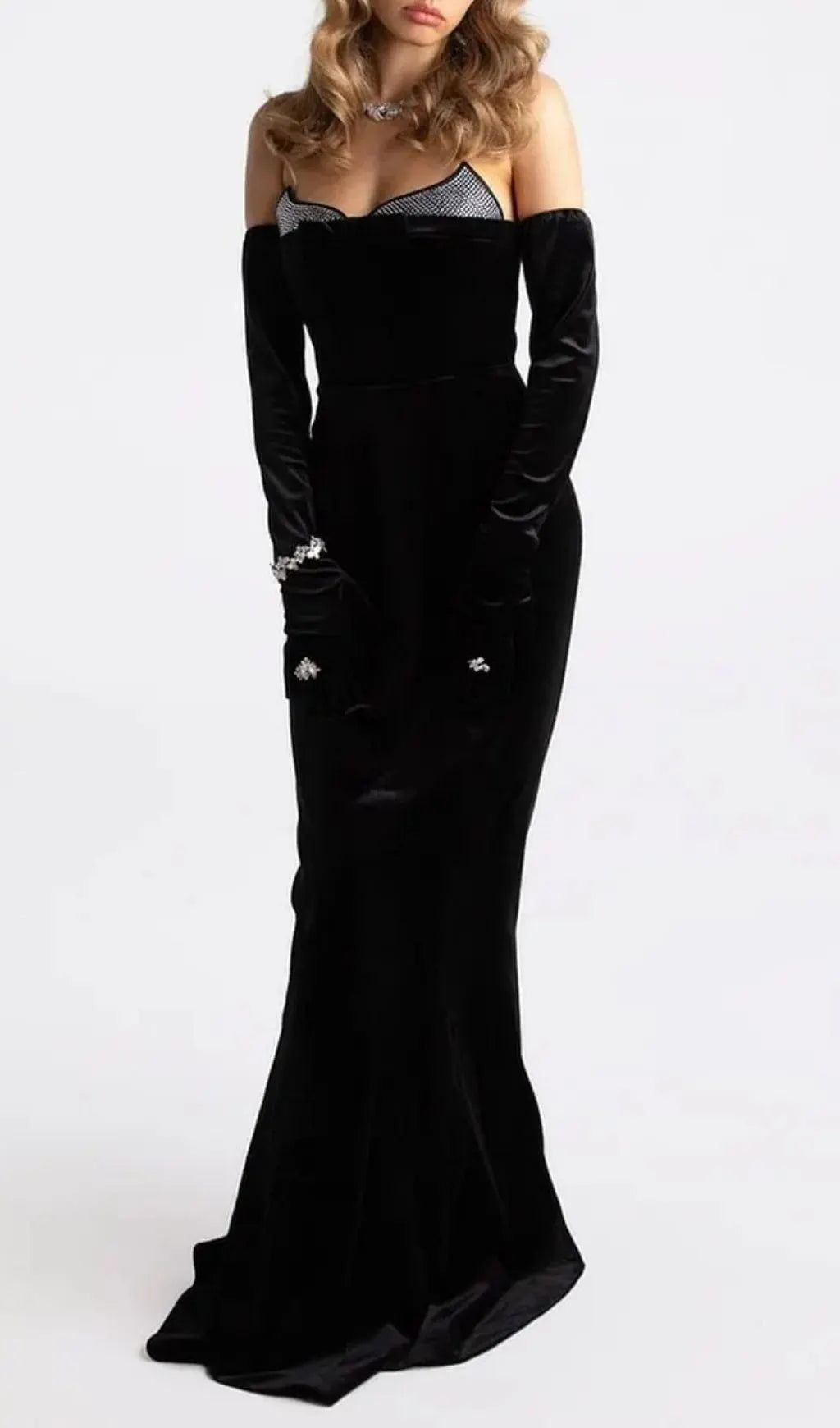 Ellen High Slit Velvet Strapless Maxi Dress In Black Flowering Girl
