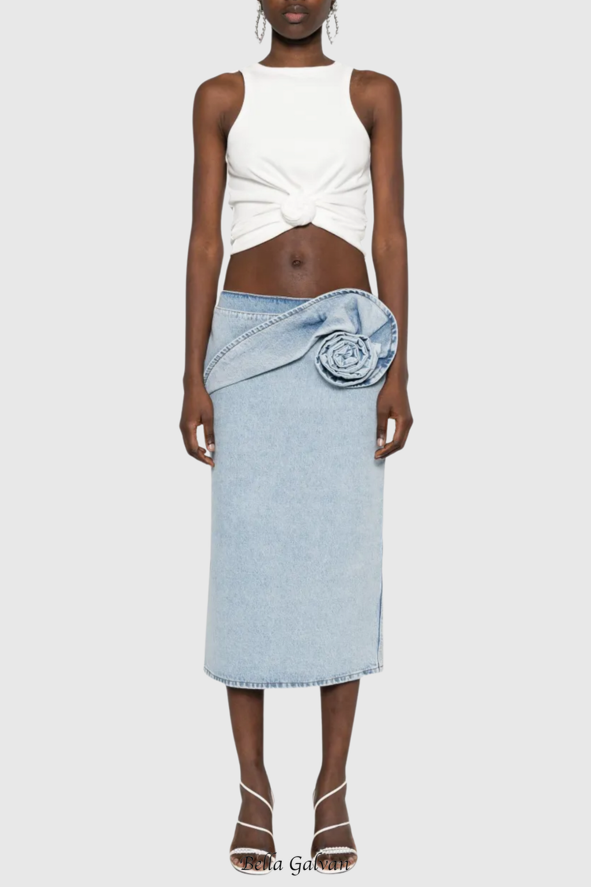 xaviera Floral Appliqué Denim Midi Skirt Flowering Girl