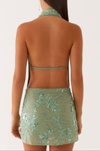 Cowl Neck Beaded Mini Dress In Mint Flowering Girl