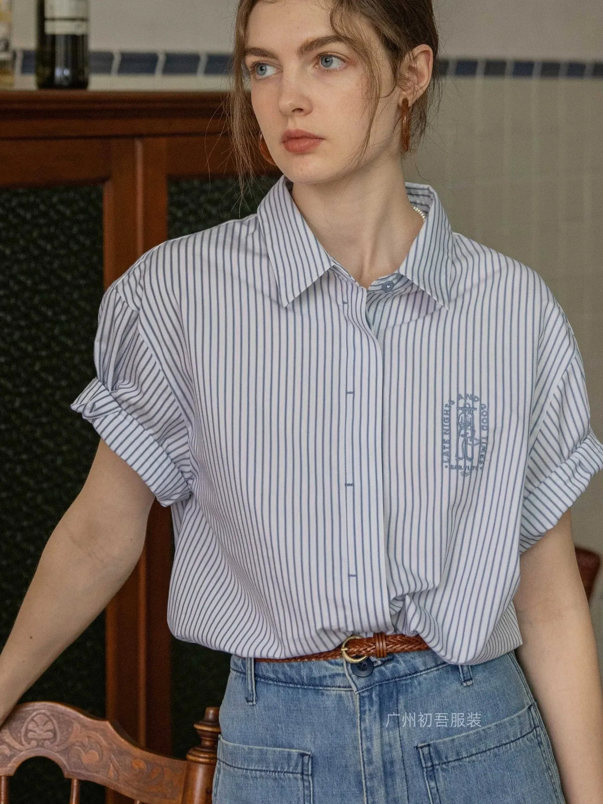 Blue Embroidery Casual Versatile Short Sleeve Striped Shirt Flowering Girl