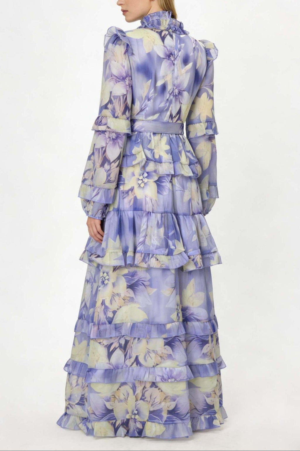 Alyssa Purple Floral Print Ruffle Maxi Dress With Belt Flowering Girl