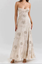 Beige Floral Beaded Spaghetti Strap Maxi Dress Flowering Girl