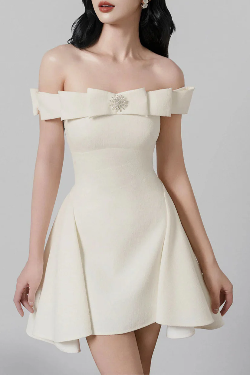 A-Line Open Shoulder Tweed Mini Dress Flowering Girl