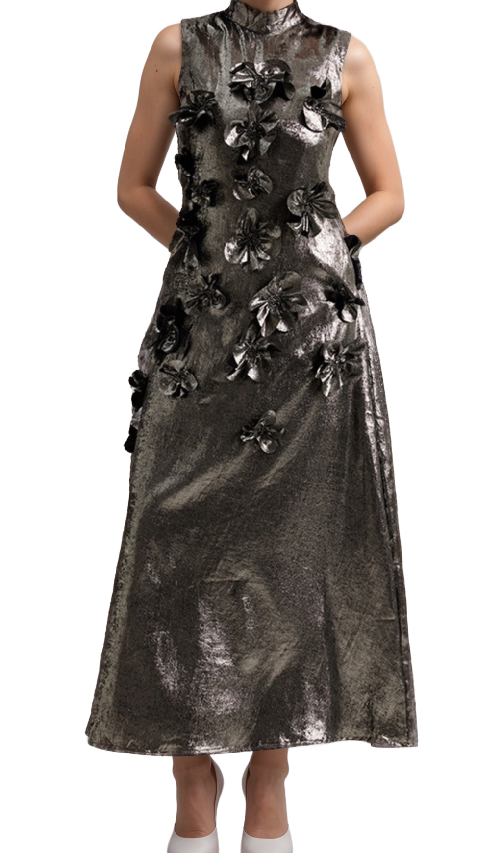 aditi 3d floral embellished maxi dress in grey Flowering Girl