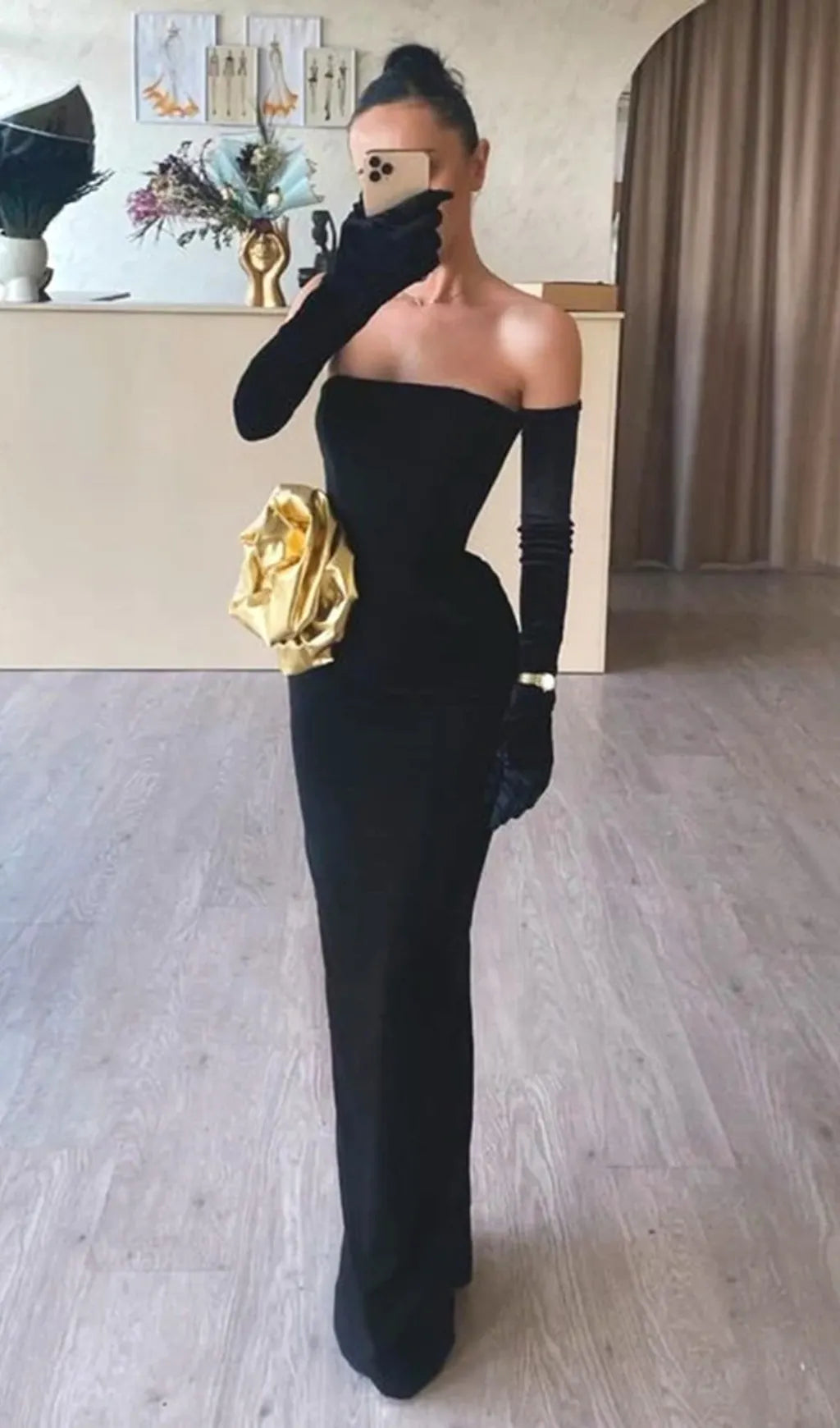 Brycen Black Strapless Rose Detail Maxi Dress Flowering Girl