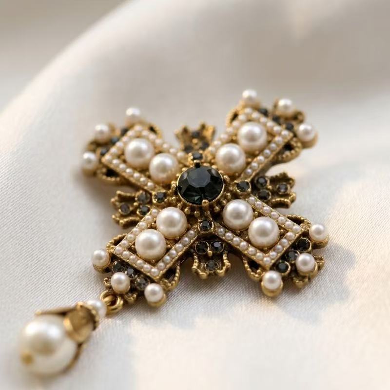 Vintage Antique Gold Rhinestone Statement Baroque Cross Pearl Drop Earrings Flowering Girl