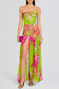 Shmaka Floral Print Strapless Slit Maxi Dress - Green Flowering Girl