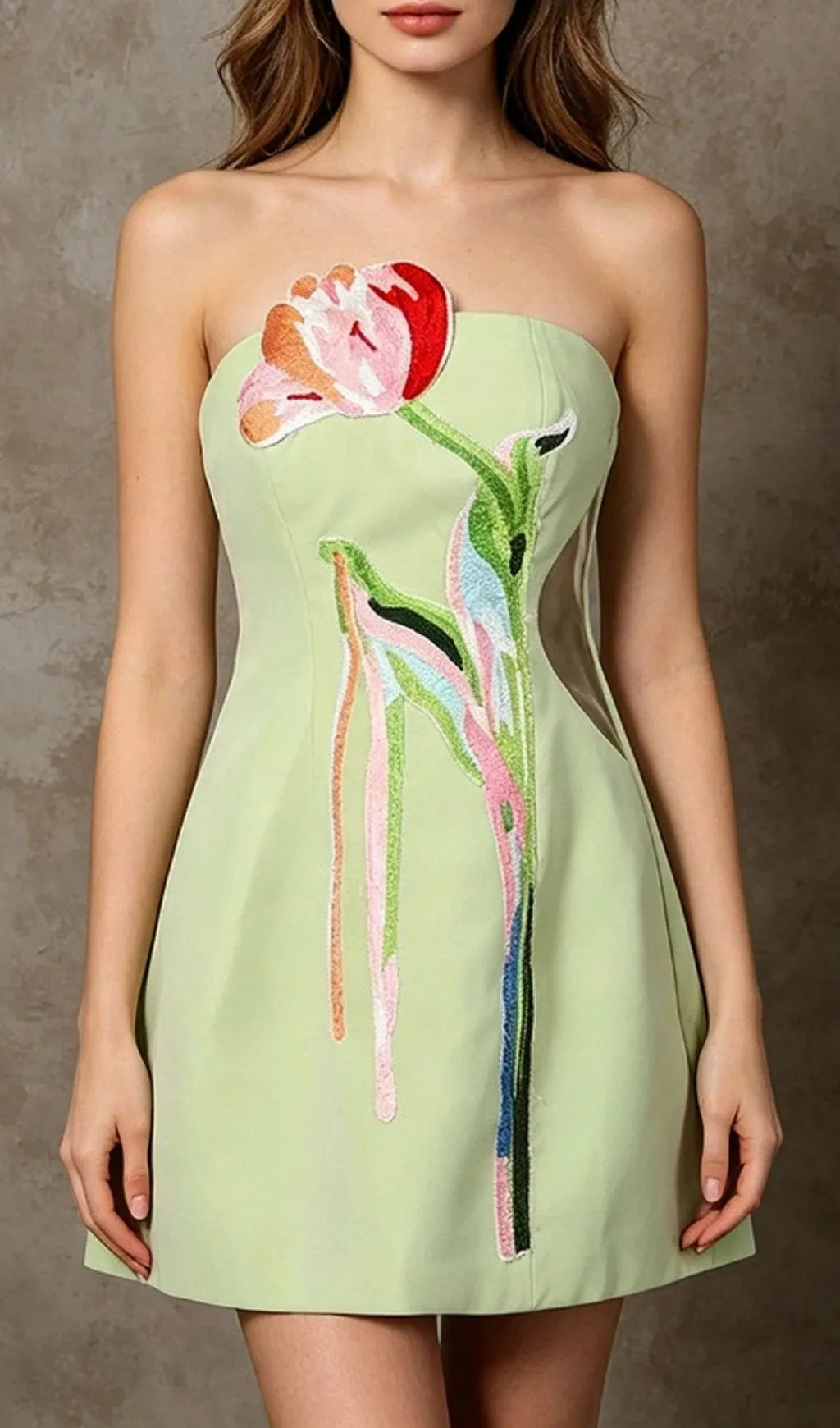 Leona Green Strapless Flower Embroidery Mini Dress Flowering Girl