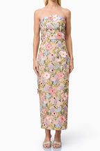 Helena Strapless Midi Dress In Floral Apricot Flowering Girl