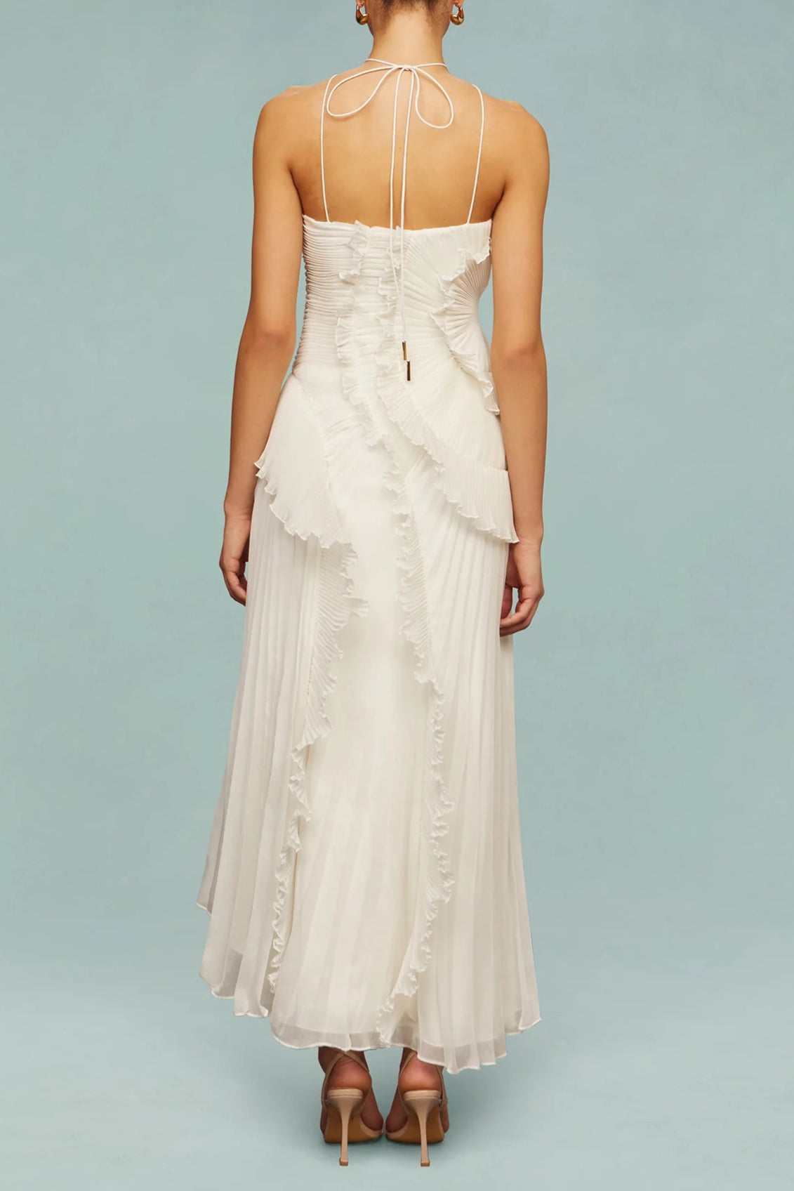 Alva Sleeveless Folds Slit Maxi Dress In Light White Flowering Girl