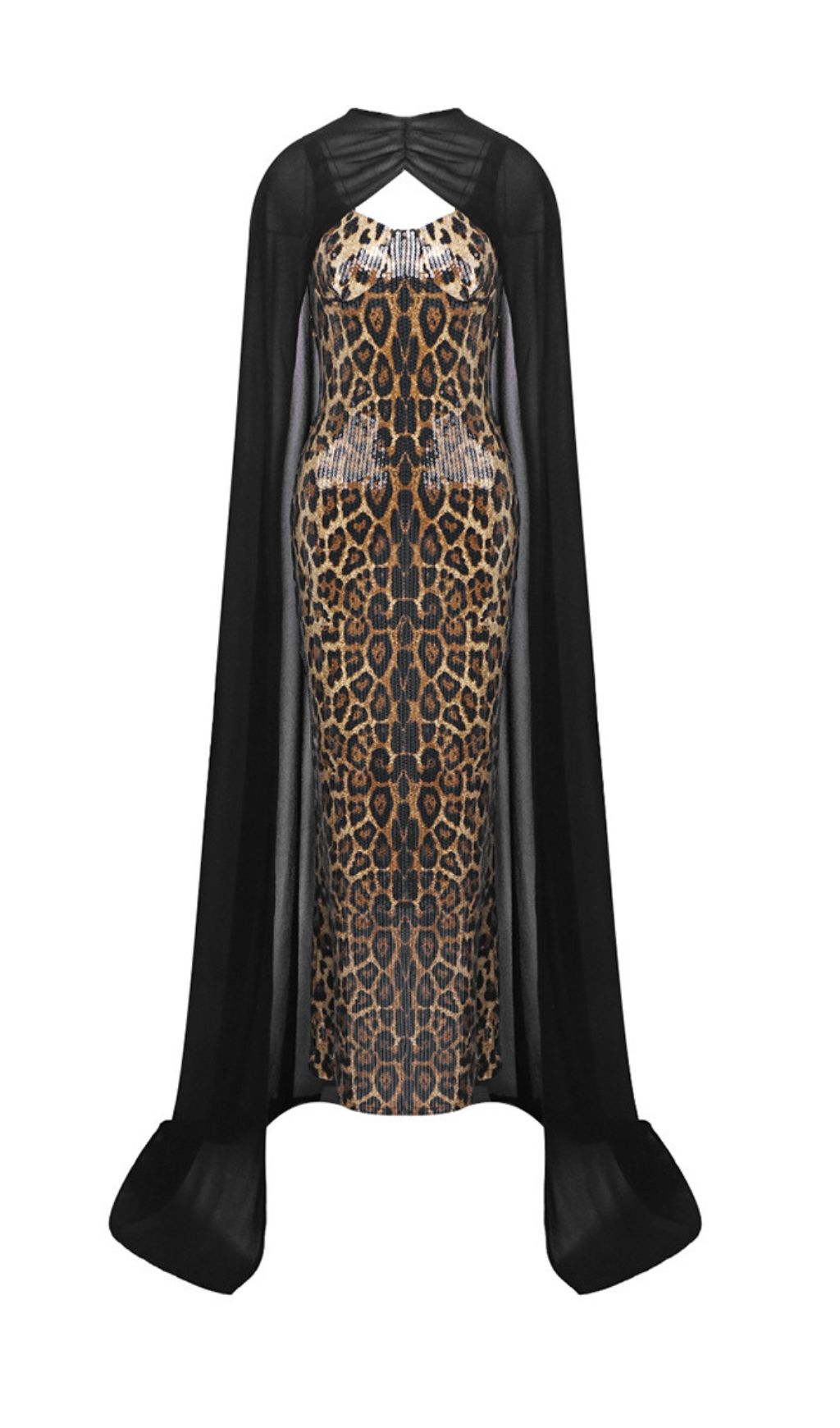 Jarrell Leopard Sequin Maxi Dress With Cape Flowering Girl
