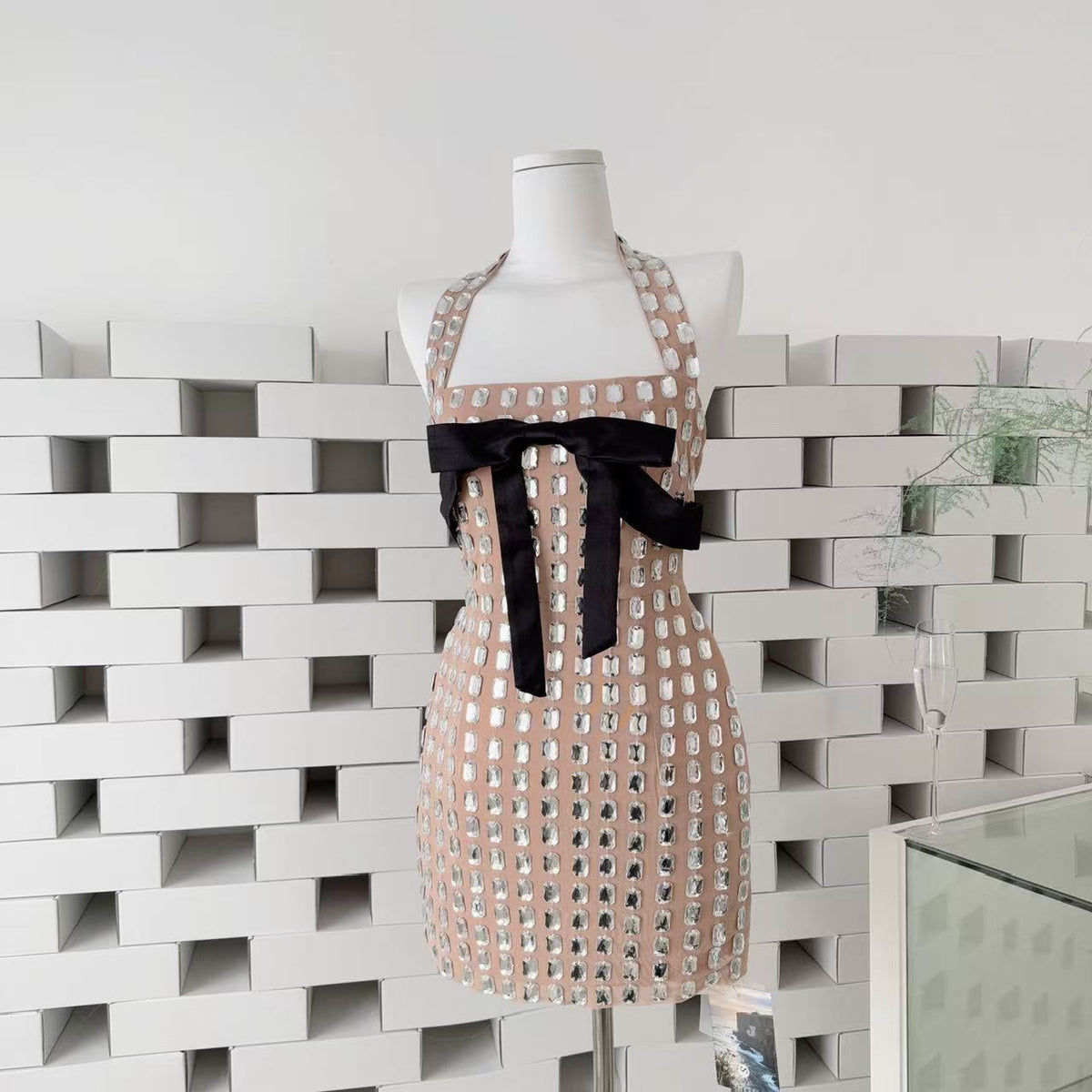 Kettle Halter Bow Rhinestone Mini Dress Flowering Girl