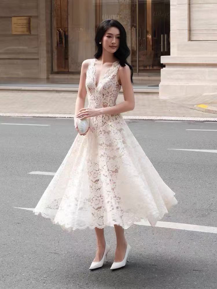 White Floral Lace A-Line Midi Dress with Keyhole Neckline Flowering Girl