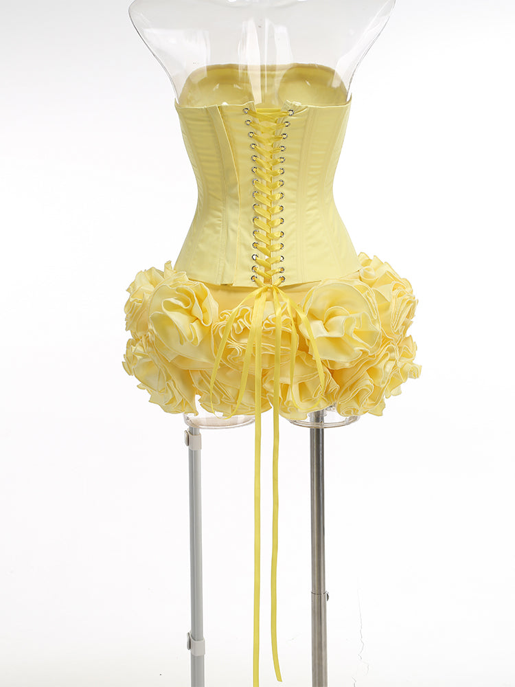 Amy Flower Embellished Mini Skirt Corset Set In Yellow Flowering Girl