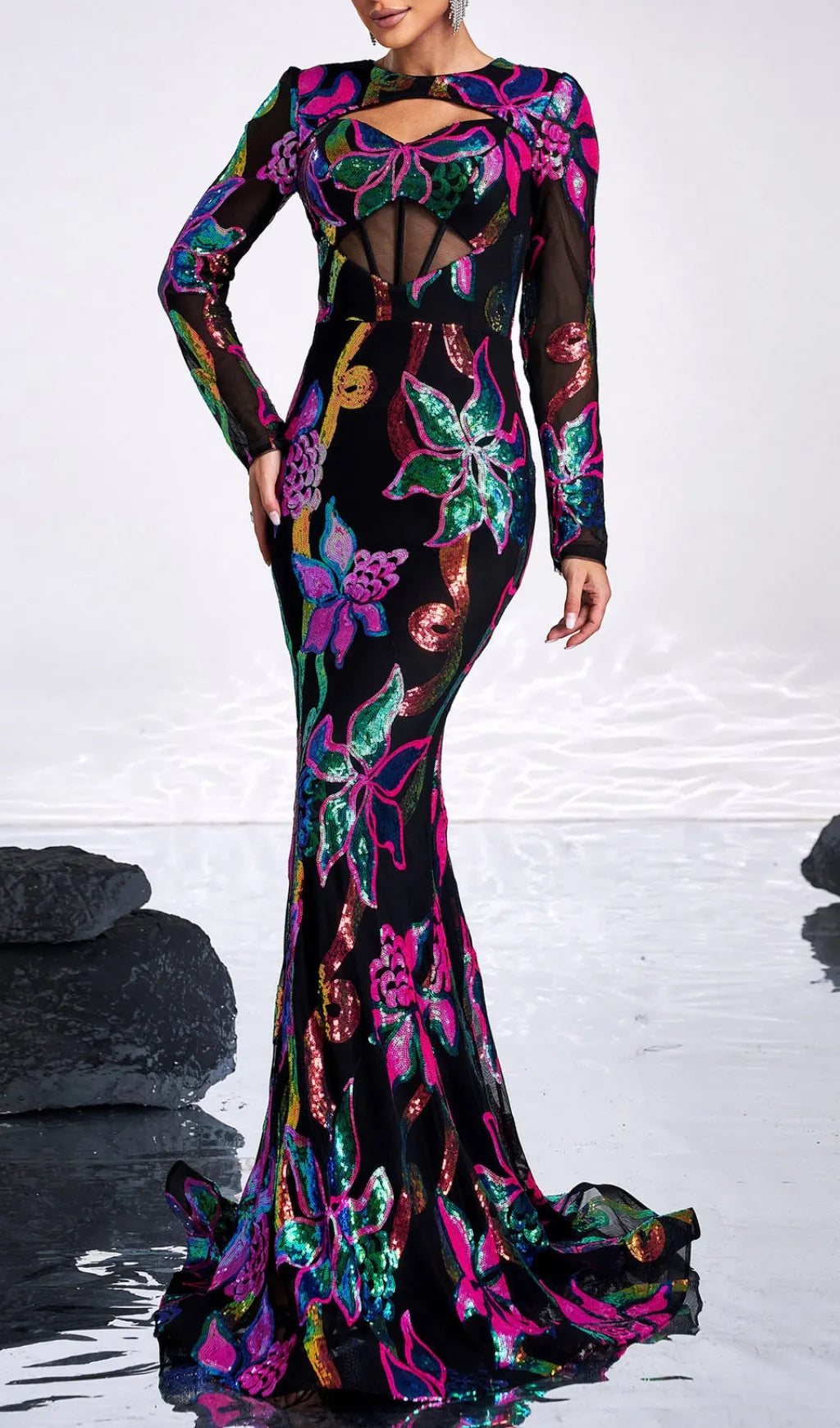 Carman Long Sleeve Flower Sequin Gown Flowering Girl