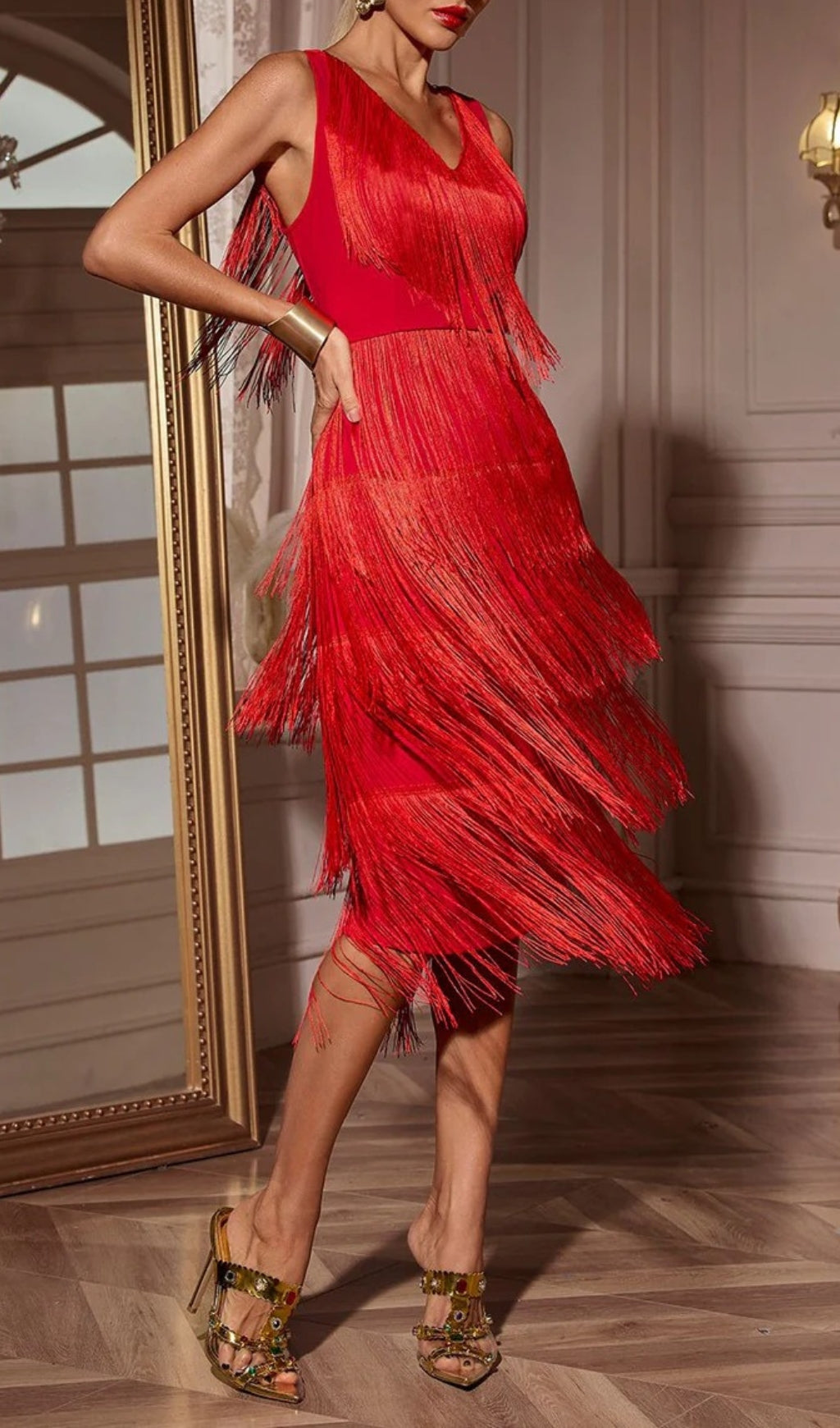 Chava Red V-Neck Fringe Midi Dress Flowering Girl