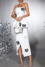 White Bodycon Midi Dress Bandage Elastic Sling With Handmade Flower Flowering Girl