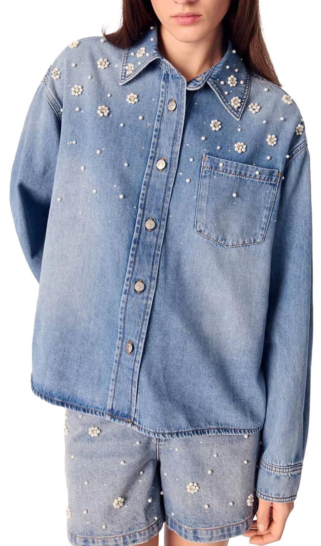 Denim Shirt with Embroidered Beads Flowering Girl