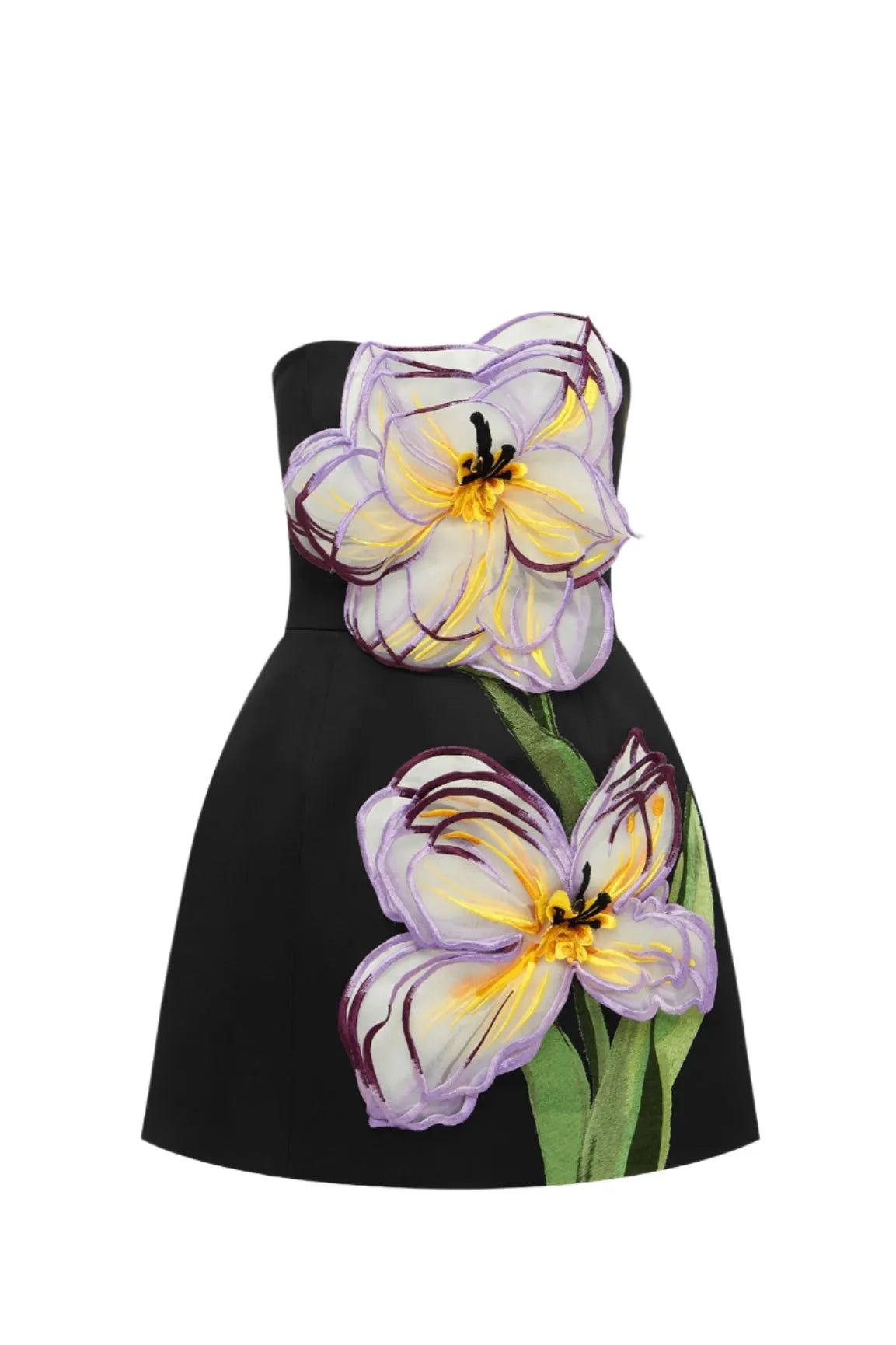 Rosario Appliqué Floral Bustier Mini Dress in black Flowering Girl