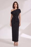 Black Polka Dot One-Shoulder Maxi Dress Flowering Girl
