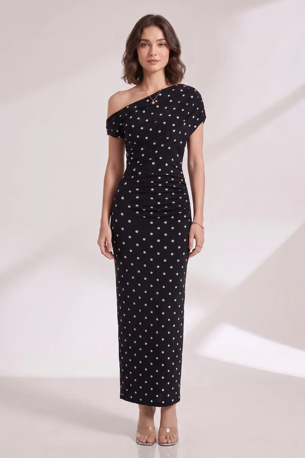 Black Polka Dot One-Shoulder Maxi Dress Flowering Girl