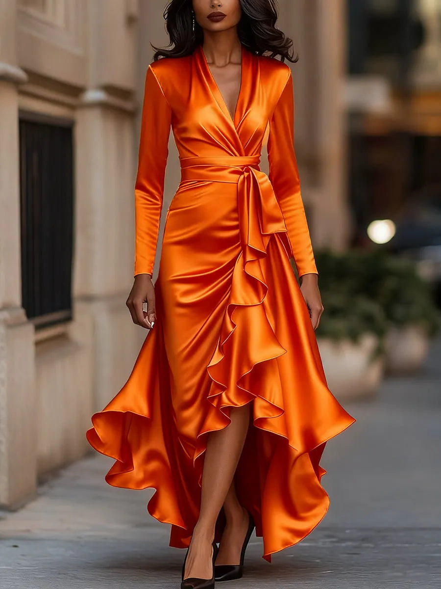 Midnight Blue Draped Satin Maxi Dress With Ruffle Details Flowering Girl