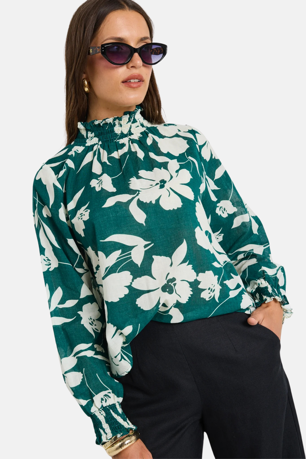 Affection Forest Floral Shirred High Neck Ls Top Flowering Girl