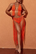 Berlin Knit Fringe Bikini Two Piece Set In Orange Flowering Girl