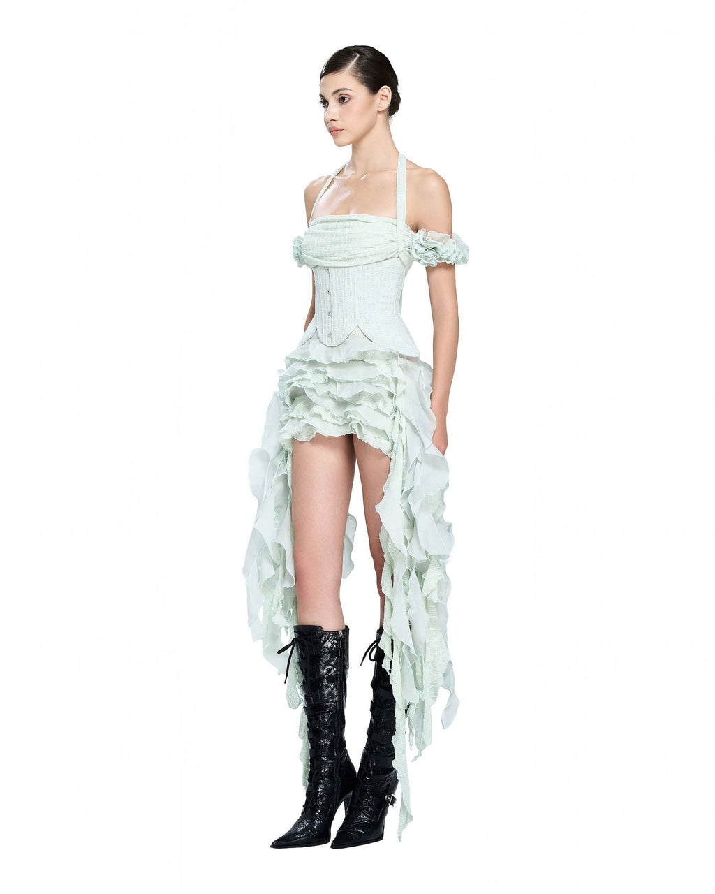 Baha Ruch Ruffle Fringe Mini Dress In Mint Green Flowering Girl