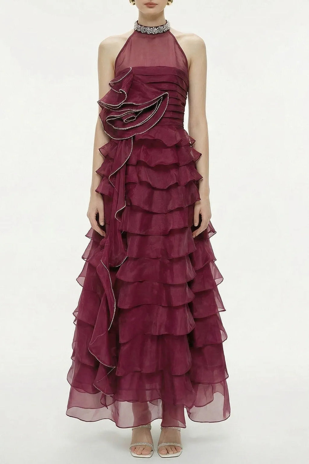 Samantha Red 3D Petal Ruffled Rhinestone Embellished Maxi Dress Flowering Girl