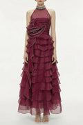 Samantha Red 3D Petal Ruffled Rhinestone Embellished Maxi Dress Flowering Girl