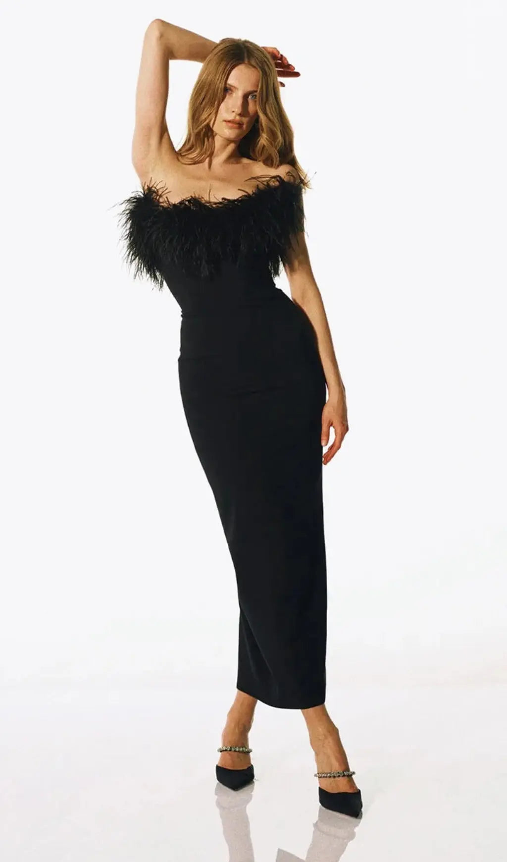 Feather Bodycon Maxi Dress In Black Flowering Girl
