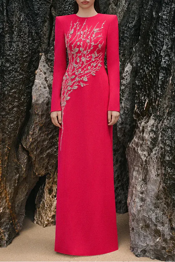 Hilary Red Padded Shoulder Crystal Embellished Straight Maxi Dress Flowering Girl