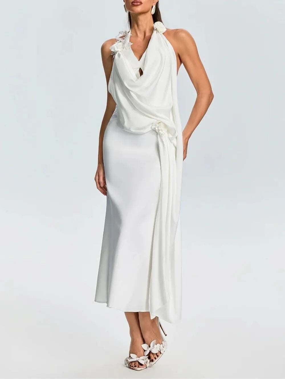 Fareeda Cowl Neck Satin Midi Dress Flowering Girl
